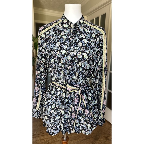 $108 Free People Flower Power Top XS Black Floral Print Split Neck Shirt Boho - Picture 4 of 11